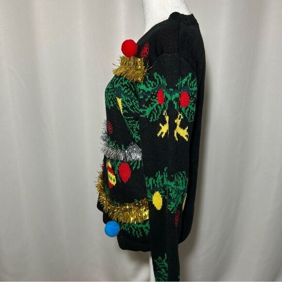 Women's No Boundaries Christmas Large Sweater Black Gold Silver Trim Ornaments - Picture 6 of 10
